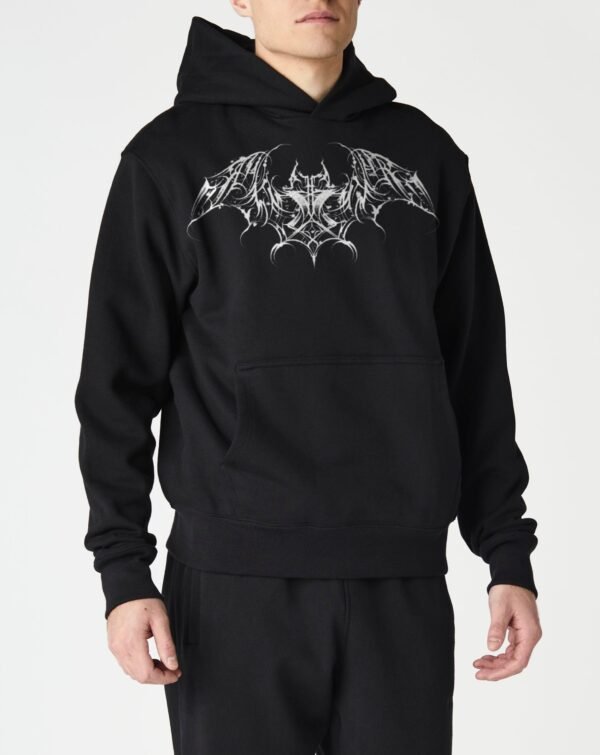 Bat With Skull Graphic Printed Kangaroo Style Hoodie